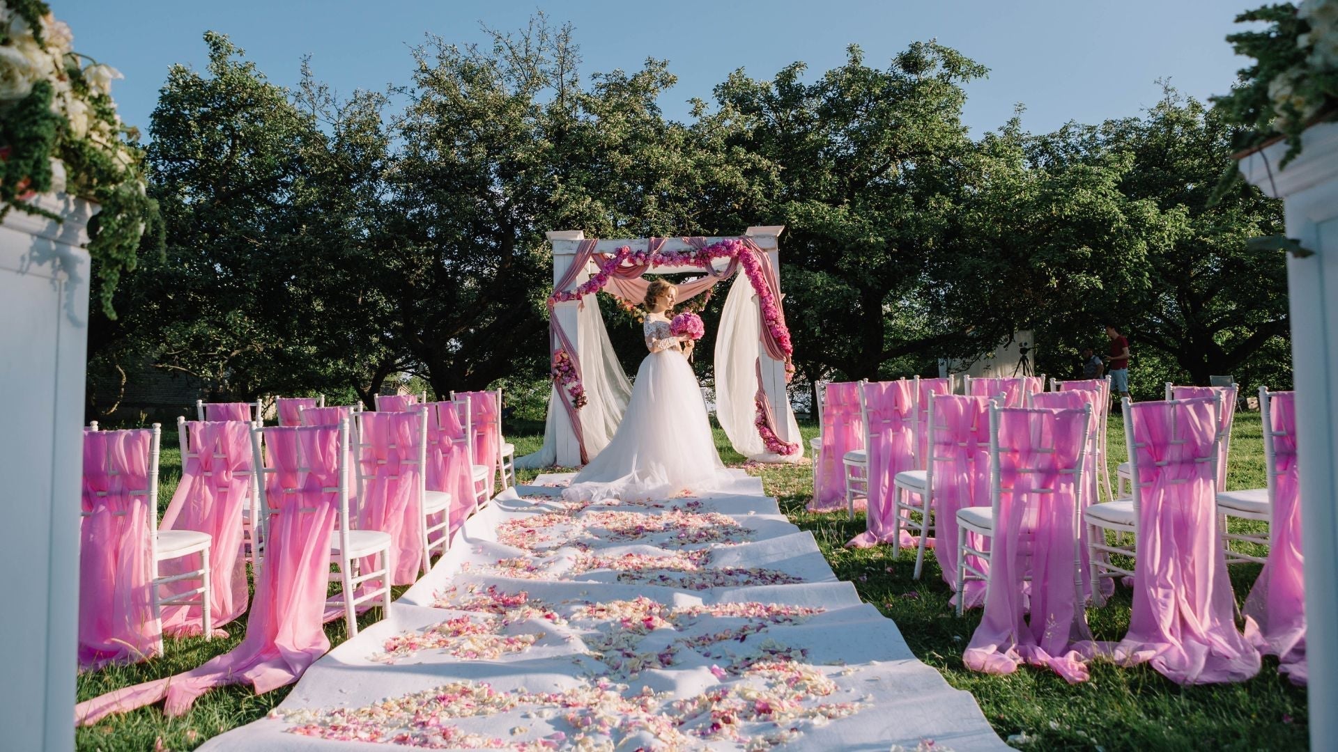 wedding ceremony decorated with beautiful flower arrangement